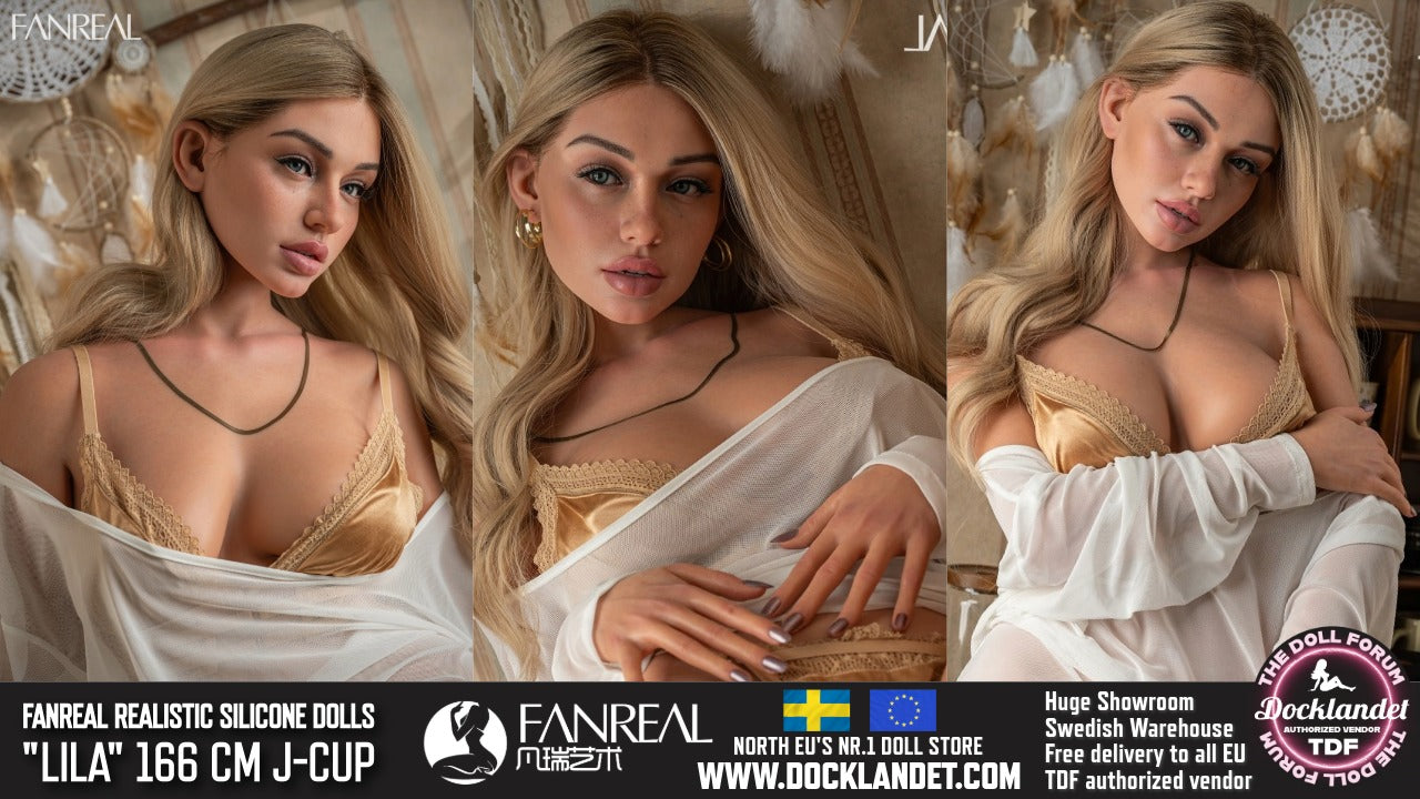 Produktvideo av Lila 166 cm silikonsexdocka från FanReal med J-kupa och RST-hudstruktur, där hennes kurviga kropp och detaljer visas ur flera vinklar i en mysig inomhusmiljö.